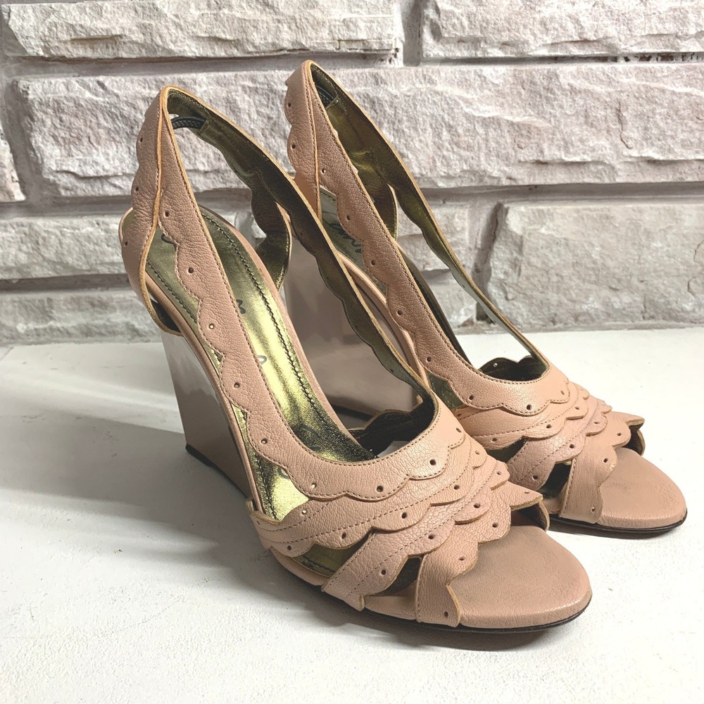 Lanvin Scalloped Leather Wedge Sandals Blush Pink Metallic Rose Gold Heel 40
